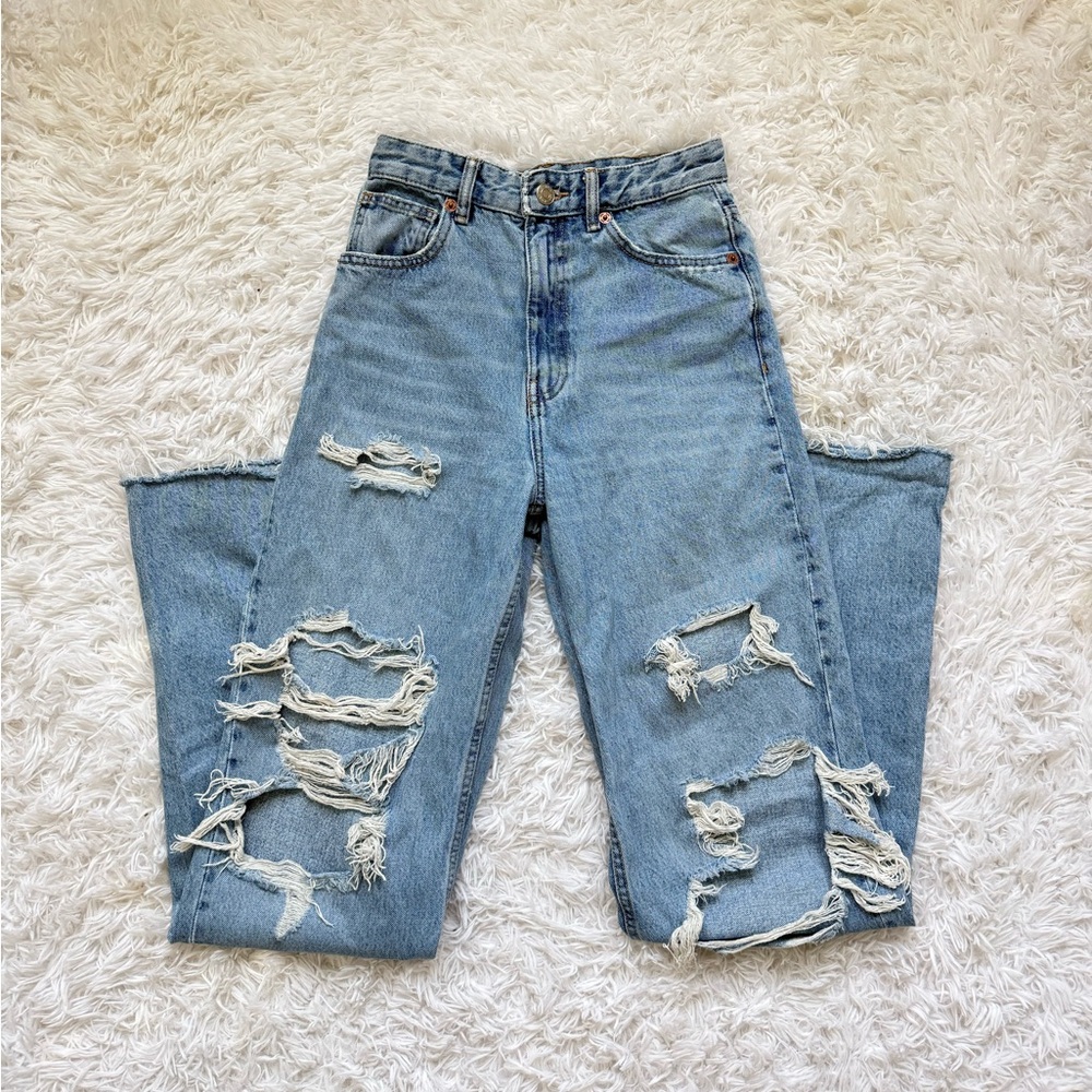 Zara Light Blue Distressed Boyfriend Jeans